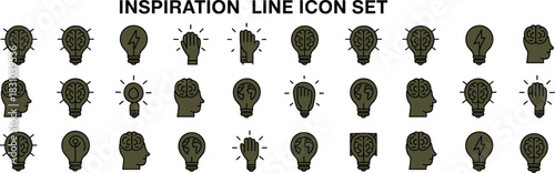 Minimalist Inspiration Line Icon Set Featuring Light Bulbs, Brains, Hands, and Heads for Creative, Motivational, and Educational Concepts