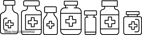 Outlined Medical Bottles with Cross Symbols in Various Shapes for Healthcare, Pharmacy, Supplement Packaging, and Digital Interface Design
