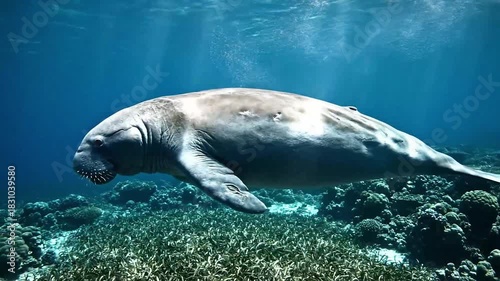 Majestic Dugong swimming slowly over a vibrant shallow coral reef and sea grass bed in clear tropical ocean waters, perfect for nature documentaries and marine biology concepts.