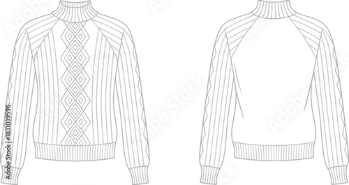 Raglan sleeve cable knit sweater CAD design, detailed fashion flat sketch, technical garment illustration, winter knitwear template, vector outline for designers and creators