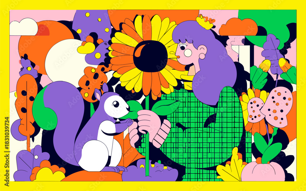 Naklejka premium Woman With Sunflower and Squirrel in Fantasy Garden