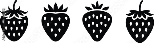 Set of Stylized Strawberry Silhouettes with Unique Leaf Patterns and Seed Details for Botanical, Culinary, and Graphic Design Projects