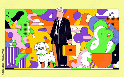 Businessman With Shaggy Dog in Abstract Environment