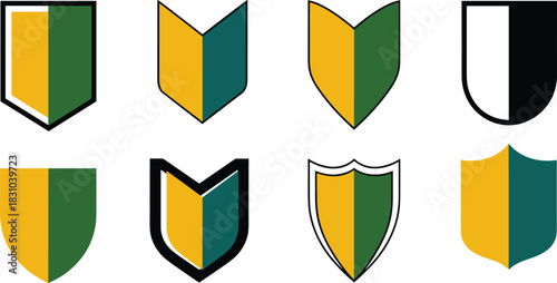 Shield icon set featuring eight bold designs in yellow, green, teal, and black, suitable for security, protection, badges, logos, and heraldry.