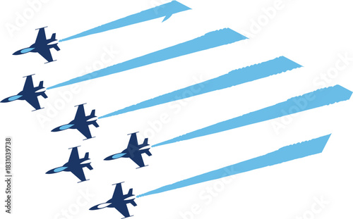 Silhouette fighter jets flying in formation with long blue vapor trails, creating dynamic aviation motion and military aircraft performance illustration