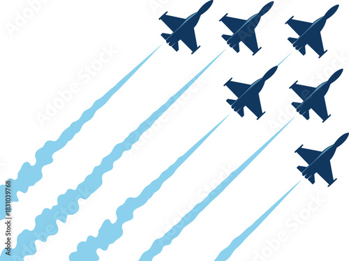 Silhouette fighter jets soaring in formation with long vapor trails, representing precision aviation, high-speed military aircraft performance, and dynamic flight motion