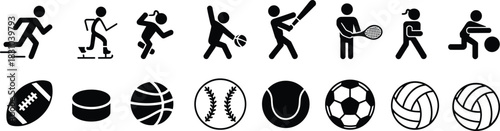 Sports icon set featuring athletes playing various games, including running, skiing, basketball, baseball, tennis, soccer, volleyball, and related sports equipment.