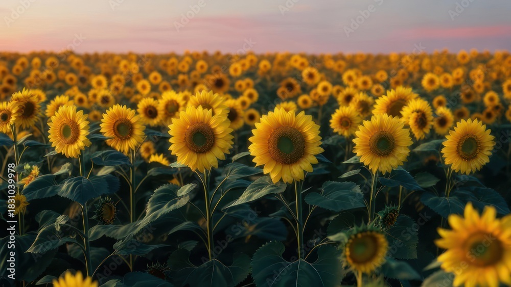 Obraz premium Sunflower field at sunset