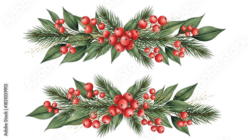 Watercolor Christmas Botanical Borders with Red Berries, Holly Leaves and Pine Greenery Clipart Set