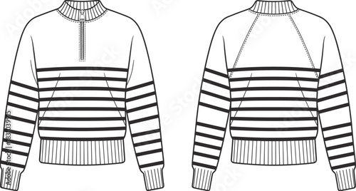 Striped half-zip pullover sweater fashion flat sketch, detailed vector CAD drawing with front and back views, apparel design template for knitwear development