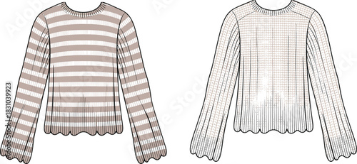 Striped bell-sleeve sweater fashion illustration, detailed vector flat sketch showing textured knit variations, apparel design template for garment development and knitwear designers