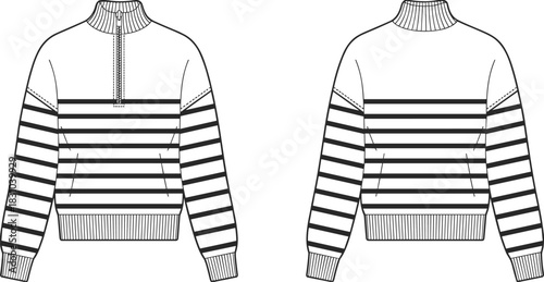 Striped pullover sweater, front and back view, high collar with zipper, ribbed cuffs and hem, fashion flat sketch, cad drawing flat vector illustration