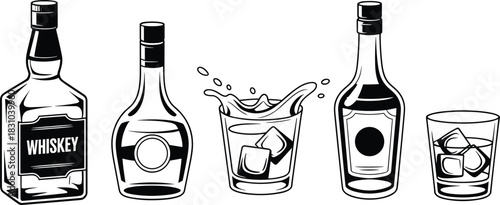 Stylized Black-and-White Alcohol Bottles and Glasses with Splash and Ice Elements for Bar Menu, Branding, and Graphic Design