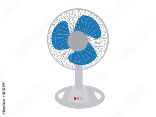 Simple vector illustration of an electric table fan with blue blades and a protective grille. Clean and minimal design suitable for home appliance icons, infographics, and educational materials.