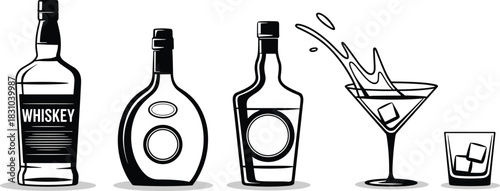 Stylized Black-and-White Icons of Alcohol Bottles and Glasses for Beverage Branding, Menu Design, and Bar-Themed Graphic Projects