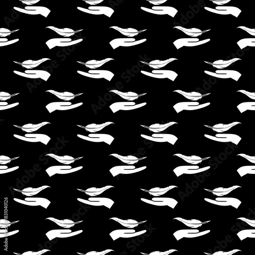 Lightweight Feather on Hand seamless pattern isolated on black background