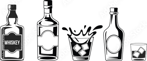 Whiskey bottles and glasses with ice cubes in bold black-and-white style, featuring label templates, splash illustration, and classic alcohol drink elements