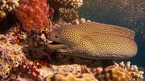 Close-up underwater shot of a honeycomb patterned moray eel swimming by colorful hard and soft corals on a tropical reef, perfect for documentaries and travel advertising.