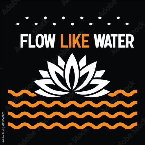 White lotus blossoms gracefully above orange flowing water waves on black backgrounds