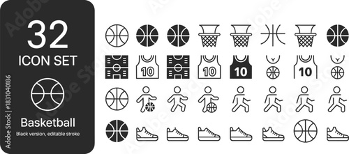 Basketball Icon Set Featuring Editable Stroke Black Symbols of Balls, Hoops, Jerseys, Shoes, Scoreboards, and Player Actions