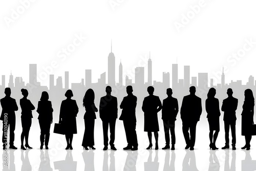 Large Group of Professional Business Silhouettes Standing Before City Skyline: Concept of Global Workforce and Teamwork