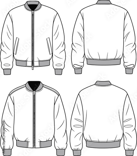 Bomber jacket CAD flat sketch, detailed vector illustration showing front and back views, technical fashion drawing, outerwear garment template for apparel designers and creators