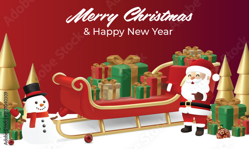 3D Christmas Gift Showcase Banner. Santa and Snowman Presenting Sleigh full of Gifts