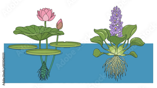 Two aquatic plants a lotus and a water hyacinth in blue water