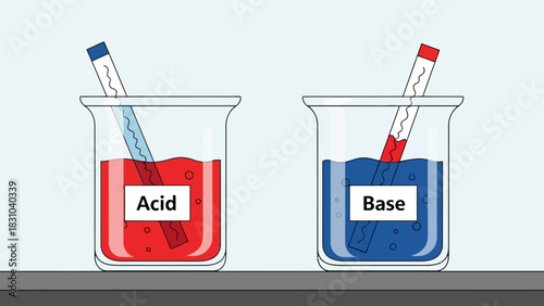 Two beakers one with red liquid labeled Acid the other blue labeled Base
