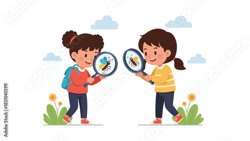 Two kids examine bugs with magnifying glasses