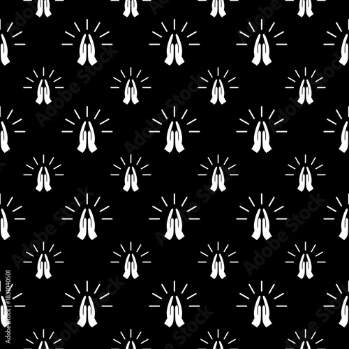 Hands in praying position isolated seamless pattern on black background