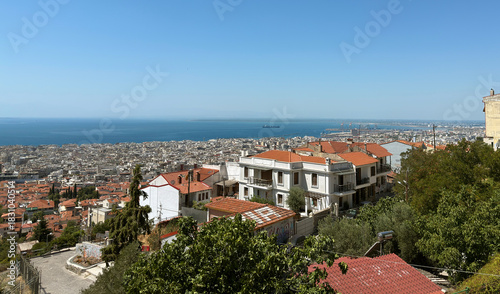 buildings streets sea Thermaic gulf of Thessaloniki, Greece, blue sky