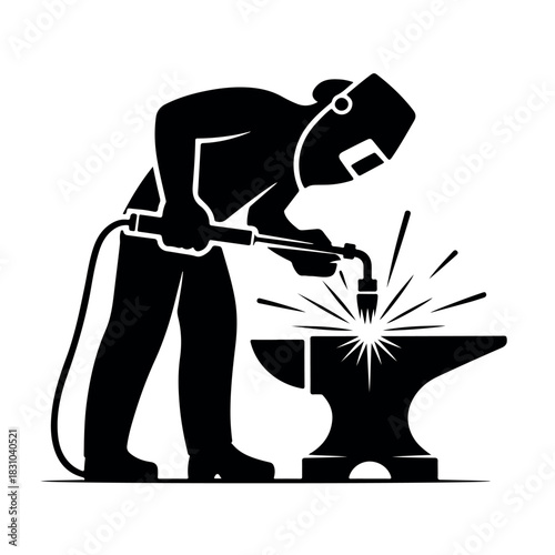 Welder silhouette working in a steelworks workshop isolated on white background