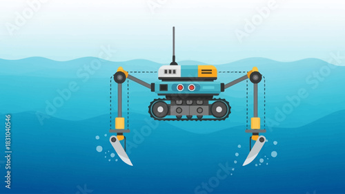 Underwater robot with mechanical arms in blue ocean