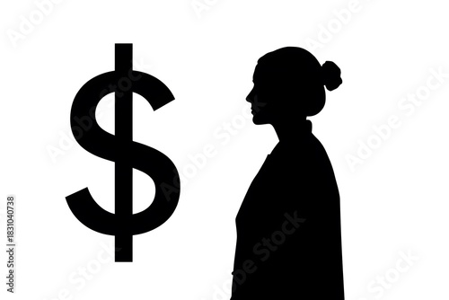 Silhouette of Businesswoman Facing Large Dollar Sign: Concept of Salary, Investment, and Financial Ambition