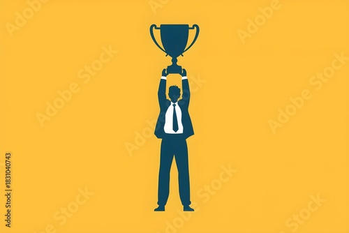 Silhouette of Successful Businessman Lifting Trophy Cup: Concept of Victory, Achievement, and Winning on Yellow Background