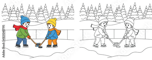 Cartoon kids playing ice hockey outdoors. Vector illustration for coloring book showing two boys skating with sticks and puck in winter landscape with colored and outline versions.