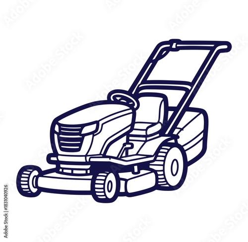 Illustrated lawn mower black outline depicting garden yard equipment for outdoor lawn care