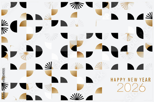 Abstract pattern of black gold and white shapes with new year greeting