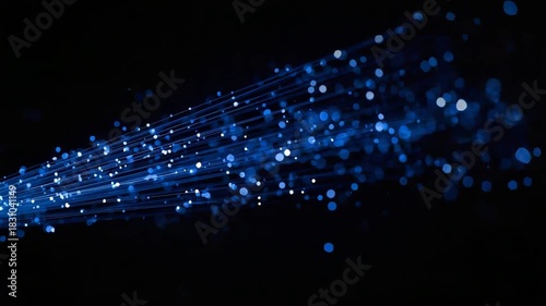 Abstract Blue Light Streaks and Bokeh Particles Flowing on a Dark Black Background lines