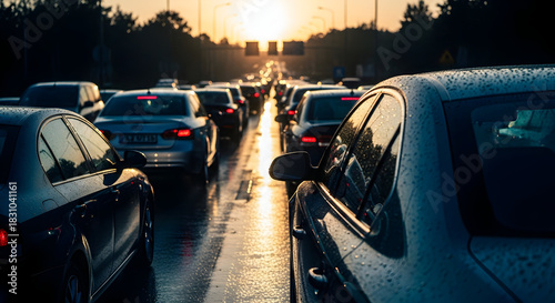 Rush Hour Commute Sunset Cityscape Urban Congestion Cars Tail Lights Stop and Go Transportation Automotive Gridlock Evening Light Traffic Flow Urban Mobility Challenge