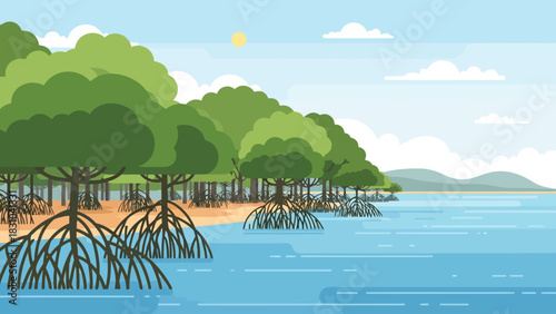 Pixel art of mangrove trees on a sandy shore with calm blue water