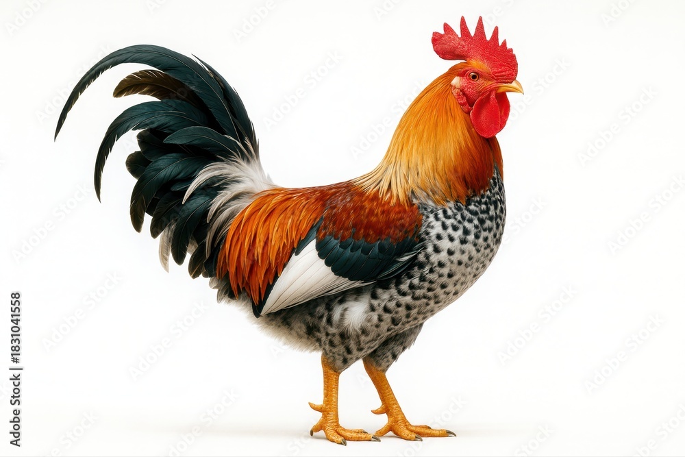 Fototapeta premium Colorful rooster standing proud in a bright, clean setting during daylight hours