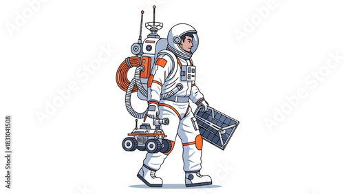 Pixel art astronaut walks carrying a rover and equipment