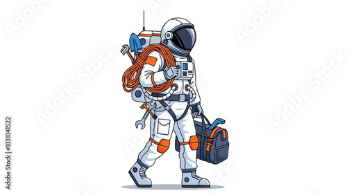 Pixel art astronaut with tools and gear walks against white background