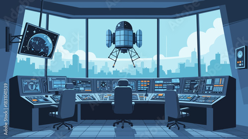 Pixel art control room with large windows showing a city and a spacecraft