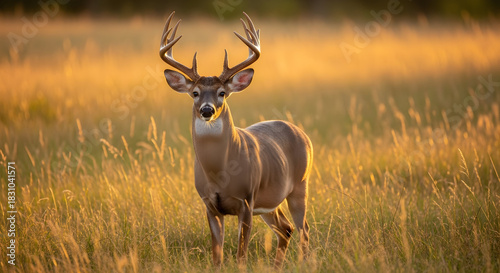 Majestic White Tailed Deer in Golden Meadow A Serene Wildlife Encounter in Nature's Embrace a Breathtaking Wild Animal with Antlers in Grassy Field Setting