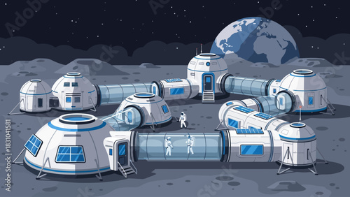 Pixel art lunar base with connecting modules astronauts and Earth in the sky