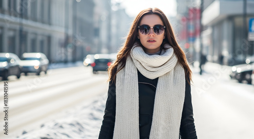 City Chic A Modern Woman Embraces the Winter Season in Style Walking Confidently Through Urban Streets A Timeless Image for Fashion and Lifestyle Campaigns And Editorial Use