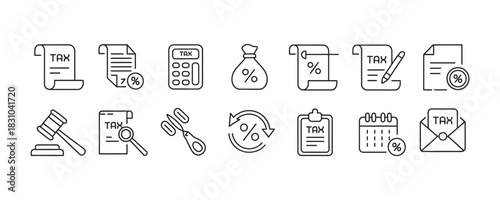 Streamlined tax preparation icons for modern finance and accounting solutions, perfect for websites, apps, and educational materials showing tax compliance